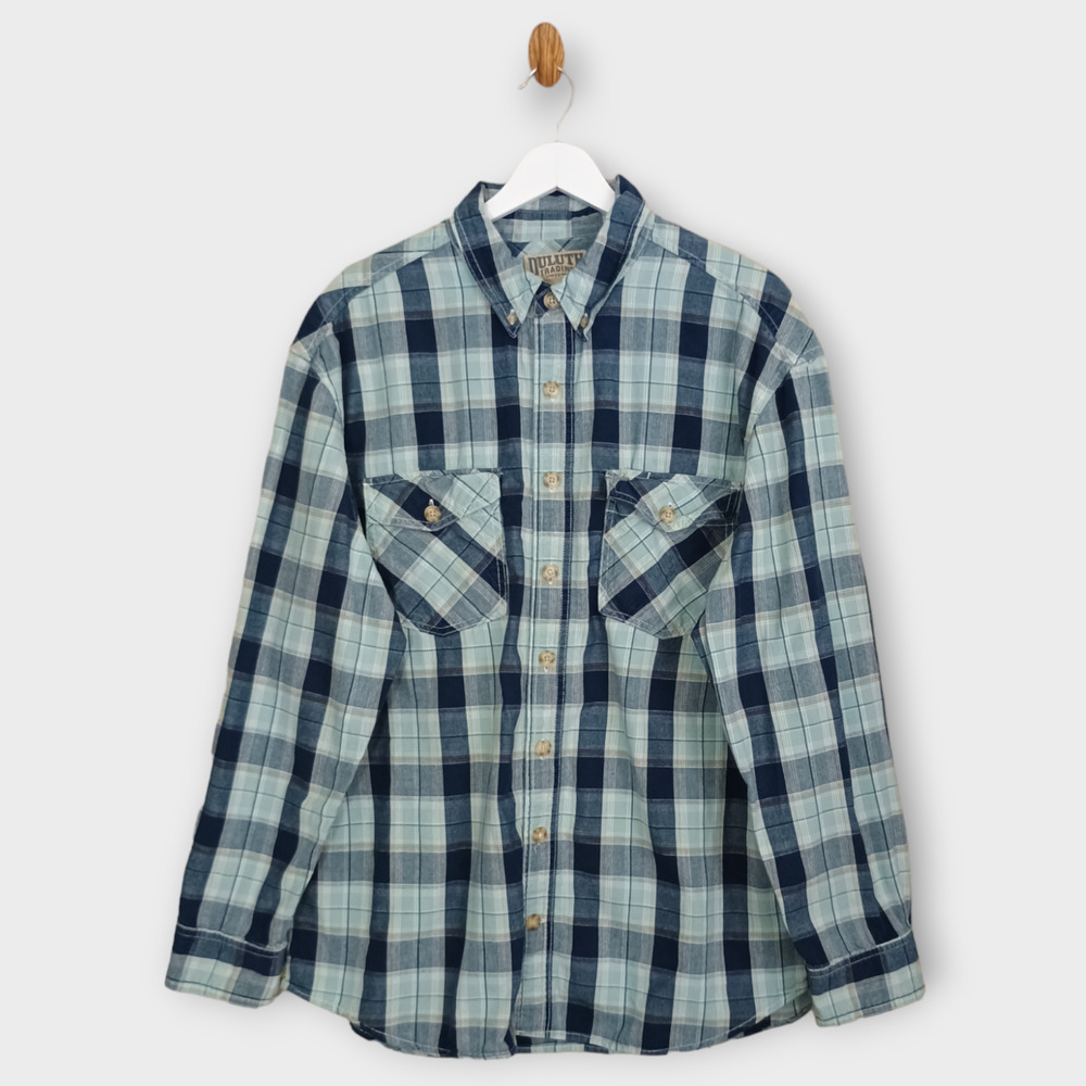 Duluth Trading Shirt Men's Large Tall Blue Plaid Flannel Cabincore Button Down